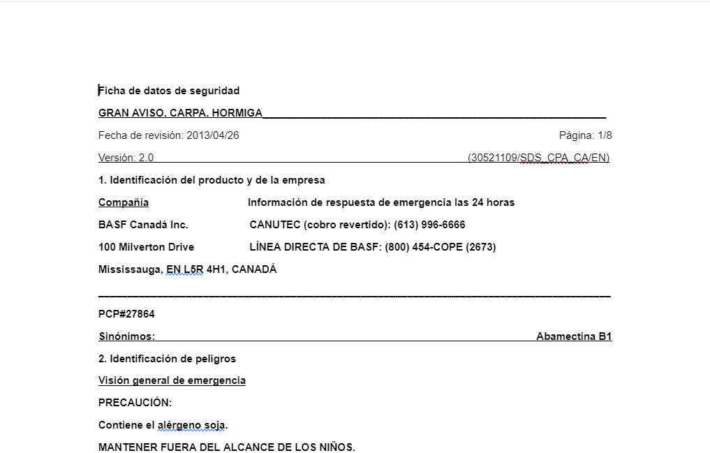 MSDS - Advertencia